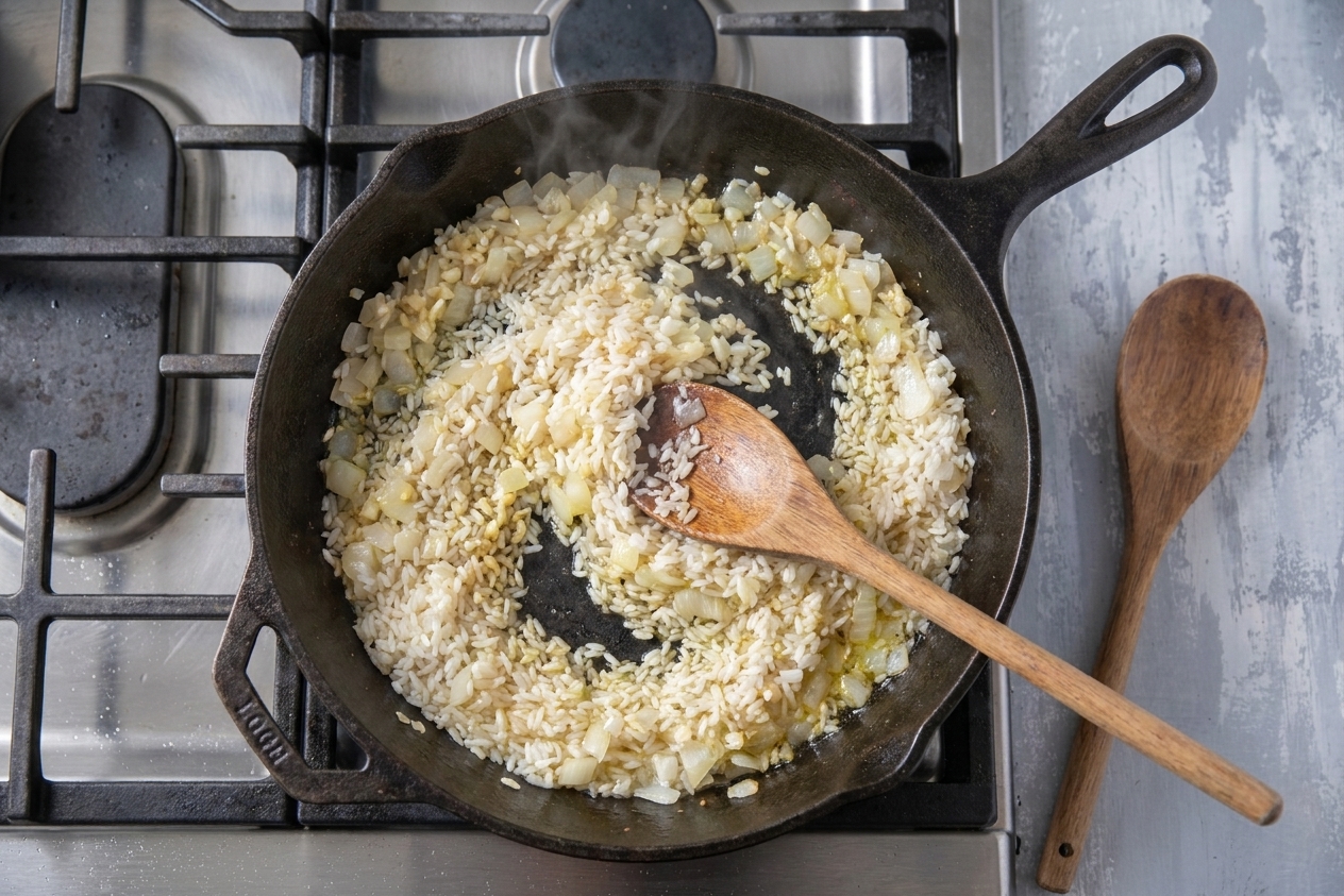 White rice being stirred with softened onions and garlic in a skillet using a wooden spoon, stovetop action shot