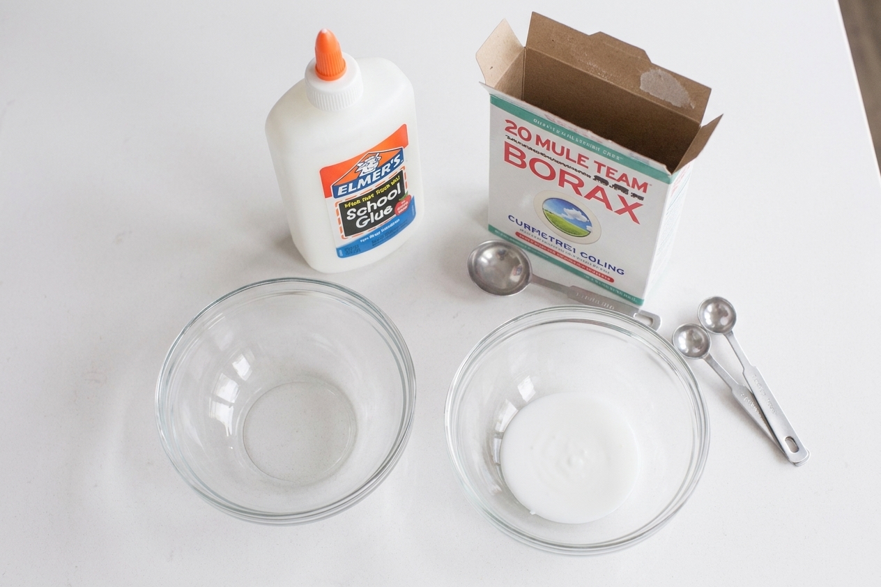 White school glue, a borax box, measuring spoons, and two mixing bowls arranged on a clean kitchen counter