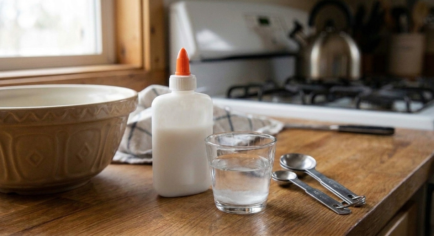 White school glue and a small cup of clear borax solution with measuring spoons arranged on a clean kitchen counter