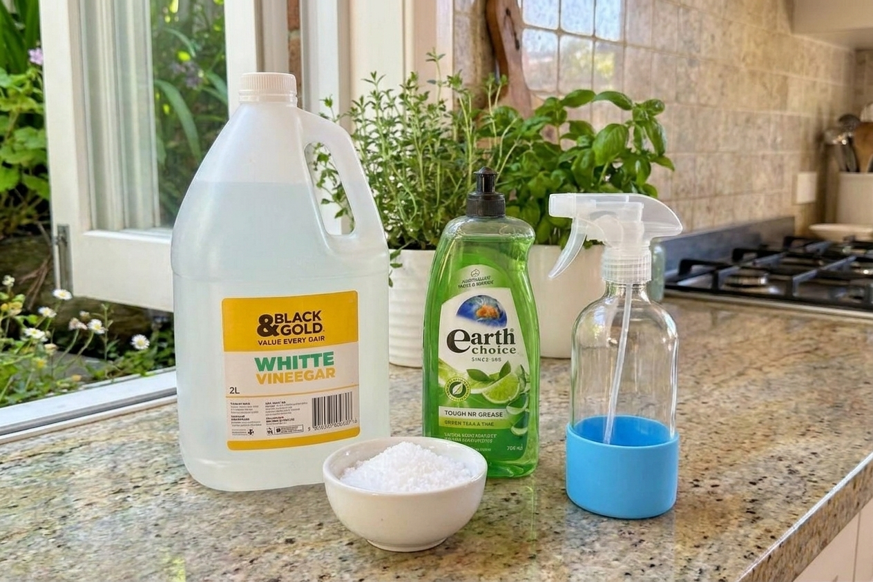 White vinegar, a small bowl of table salt, and a bottle of liquid dish soap arranged on a kitchen counter with a clean empty spray bottle