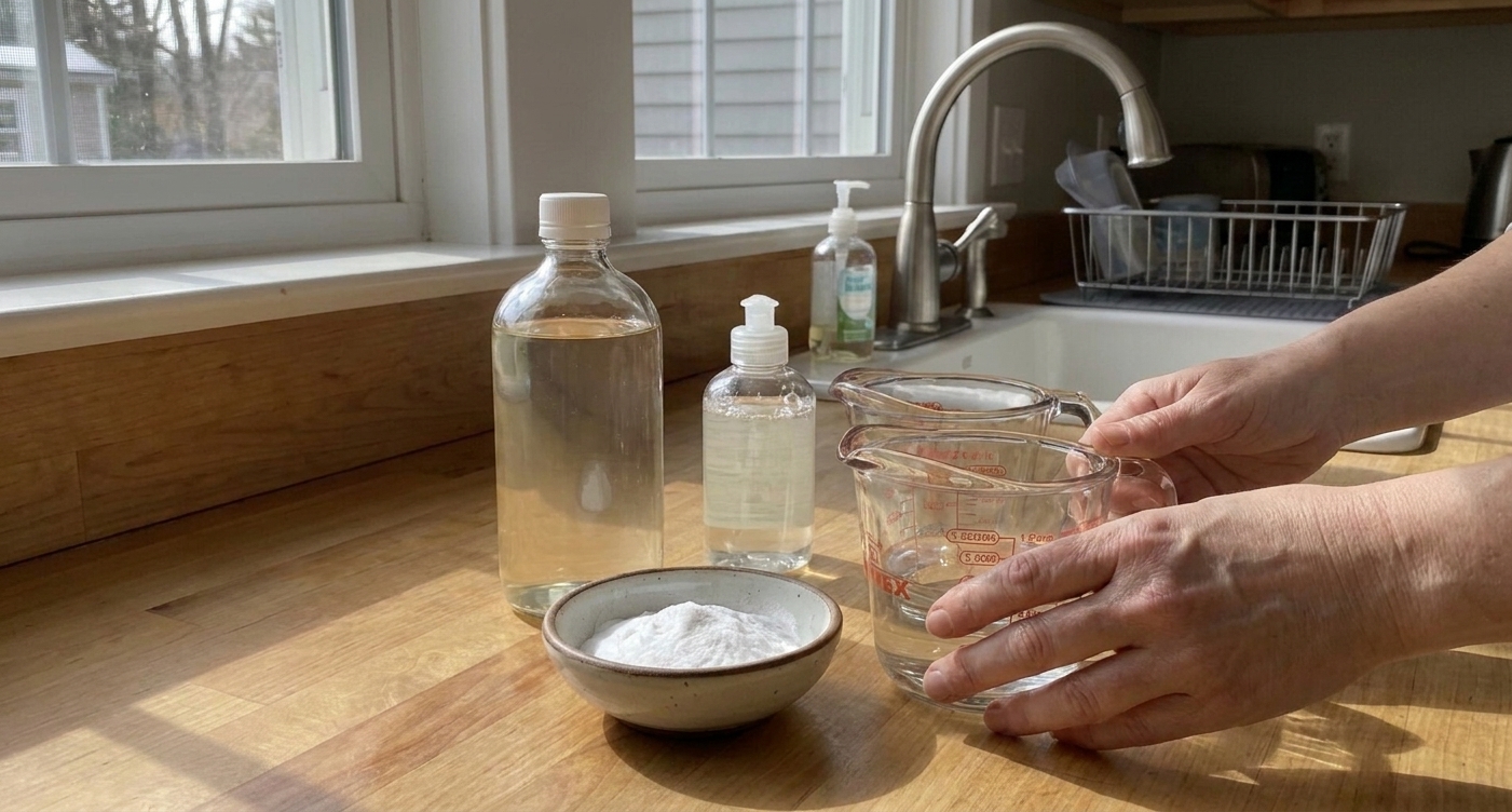 White vinegar, baking soda, and a small bottle of clear dish soap arranged on a kitchen counter with measuring cups, clean and bright