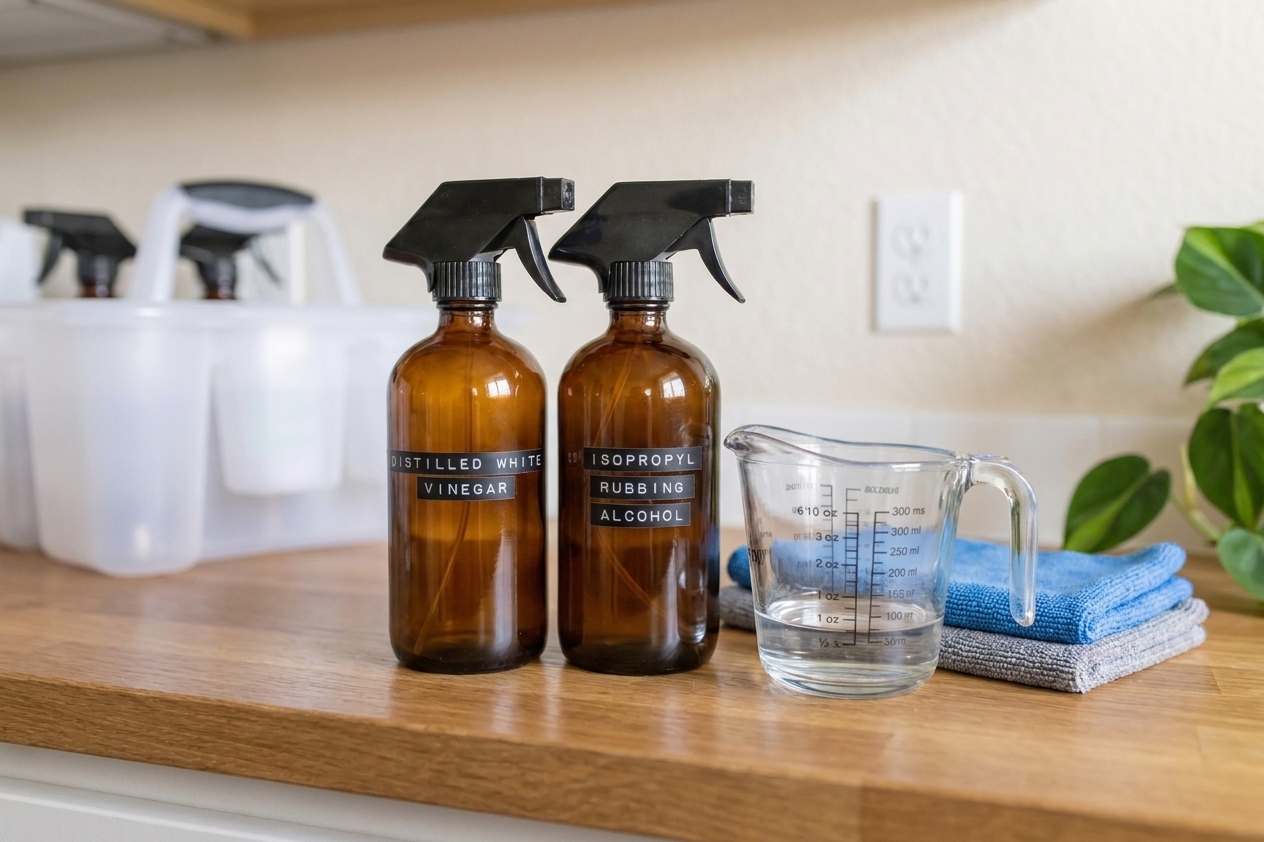 White vinegar, rubbing alcohol, a measuring cup, and two microfiber cloths arranged on a clean kitchen counter