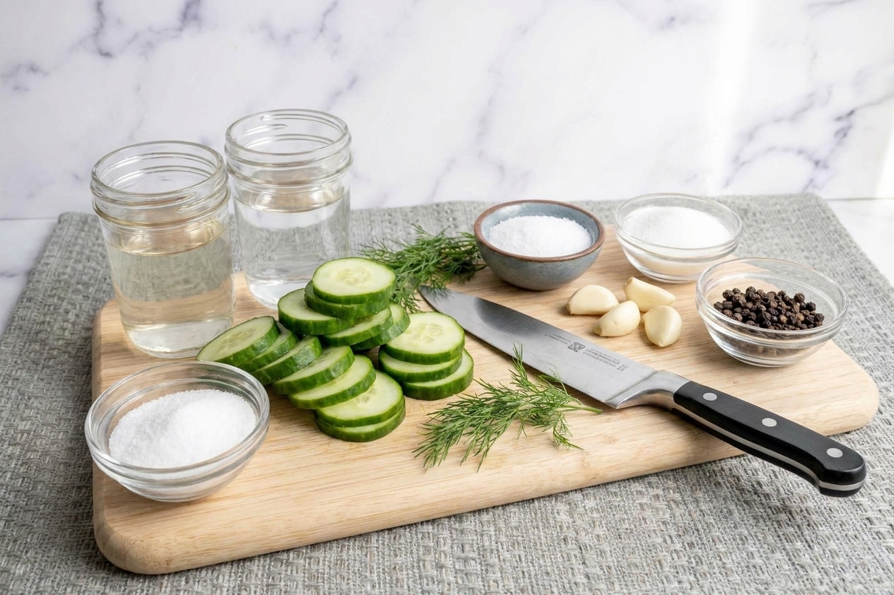 White vinegar, water, kosher salt, sugar, garlic cloves, dill, peppercorns, and sliced cucumbers arranged neatly on a clean kitchen counter