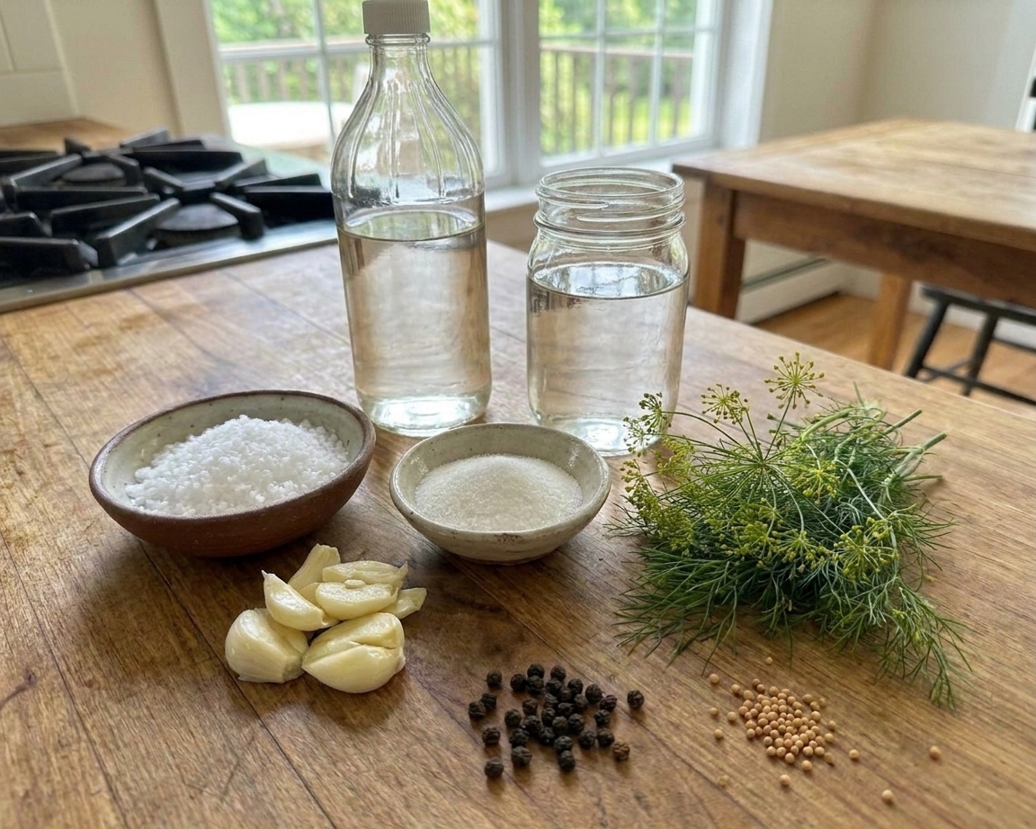 White vinegar, water, kosher salt, sugar, garlic, fresh dill, peppercorns, and mustard seeds arranged on a clean kitchen counter