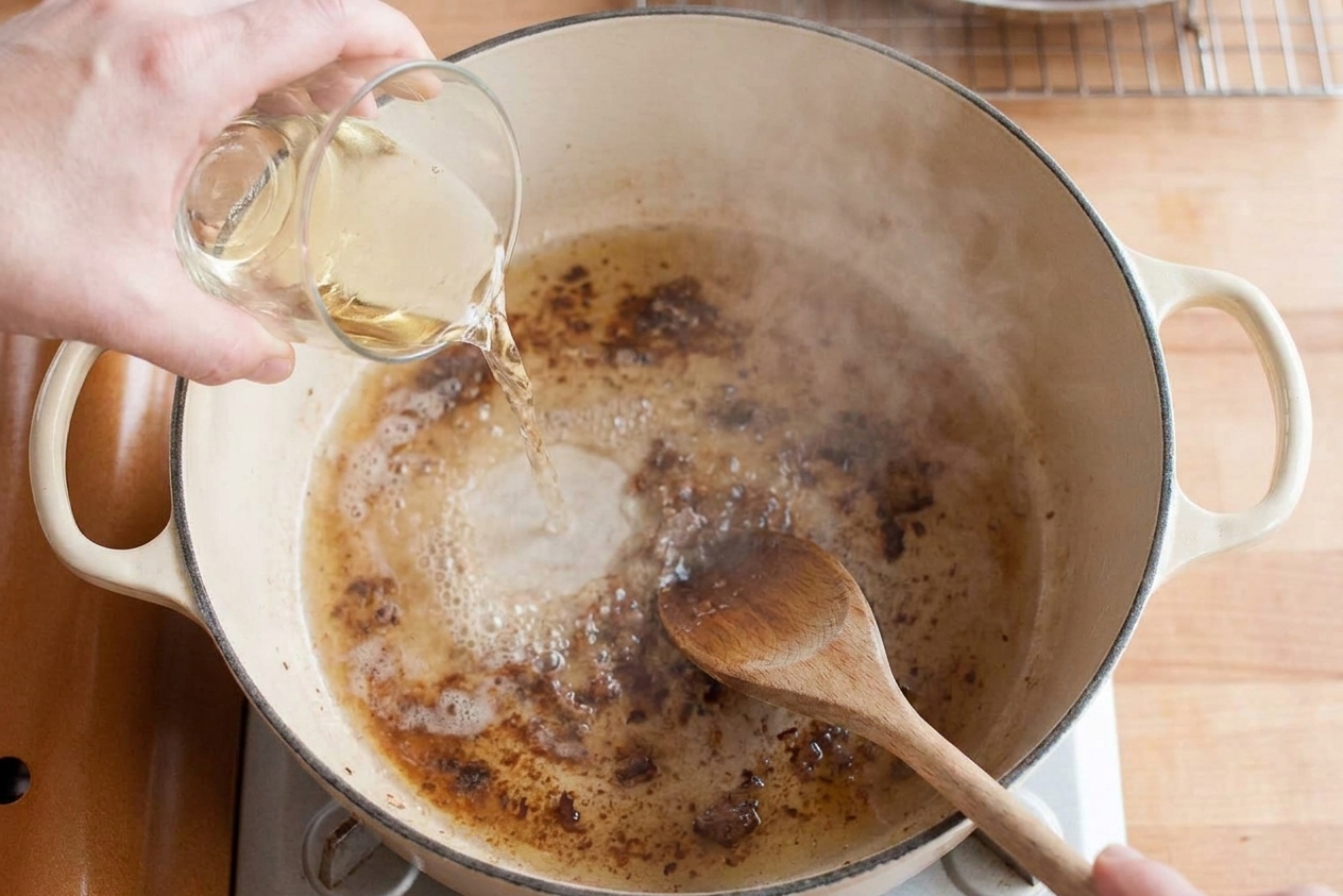 White wine being poured into a Dutch oven while a wooden spoon scrapes browned bits from the bottom