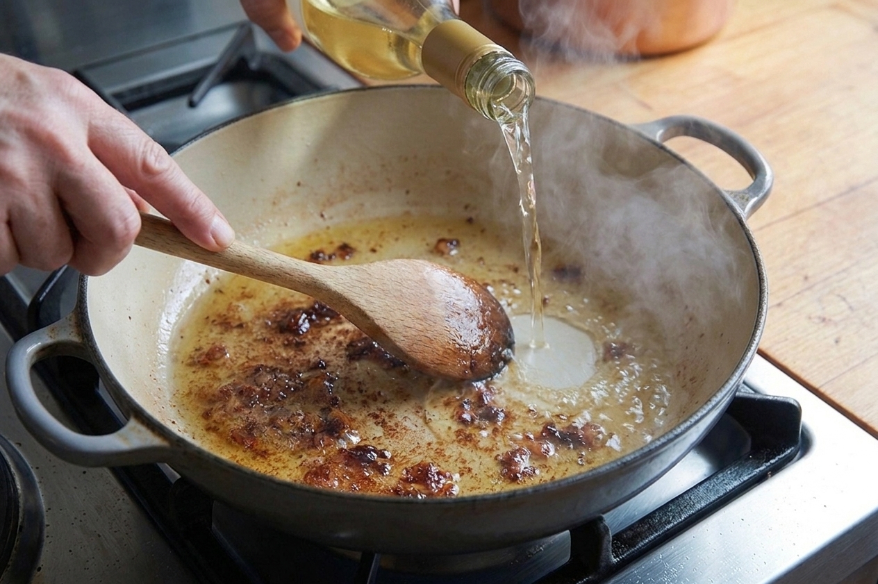 White wine being poured into a Dutch oven while a wooden spoon scrapes browned bits from the bottom
