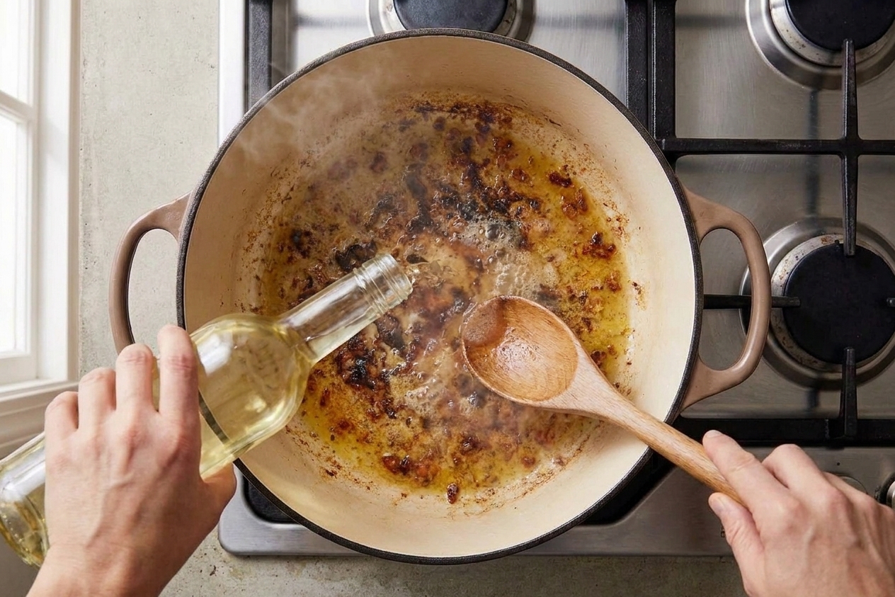 White wine being poured into a hot Dutch oven while a wooden spoon scrapes browned bits from the bottom