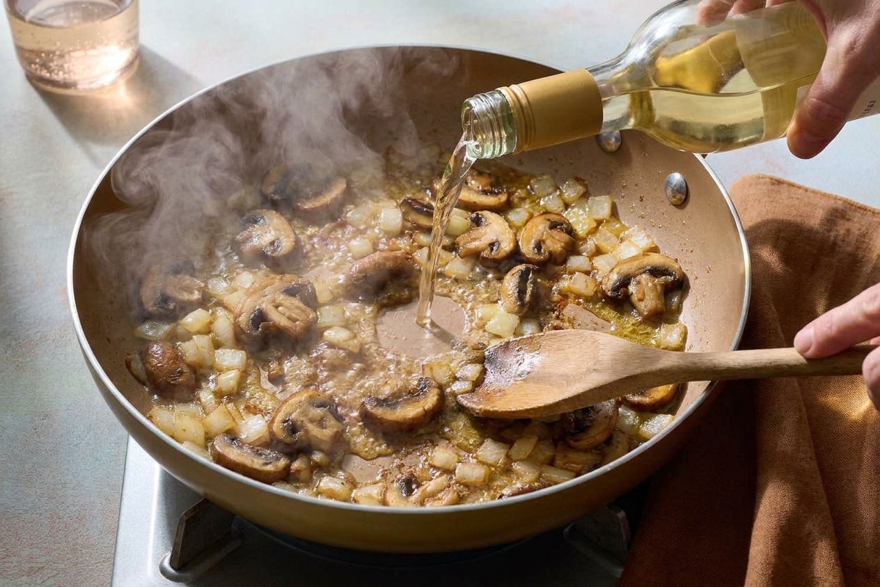 White wine being poured into a hot skillet to deglaze browned bits while a spoon scrapes the bottom