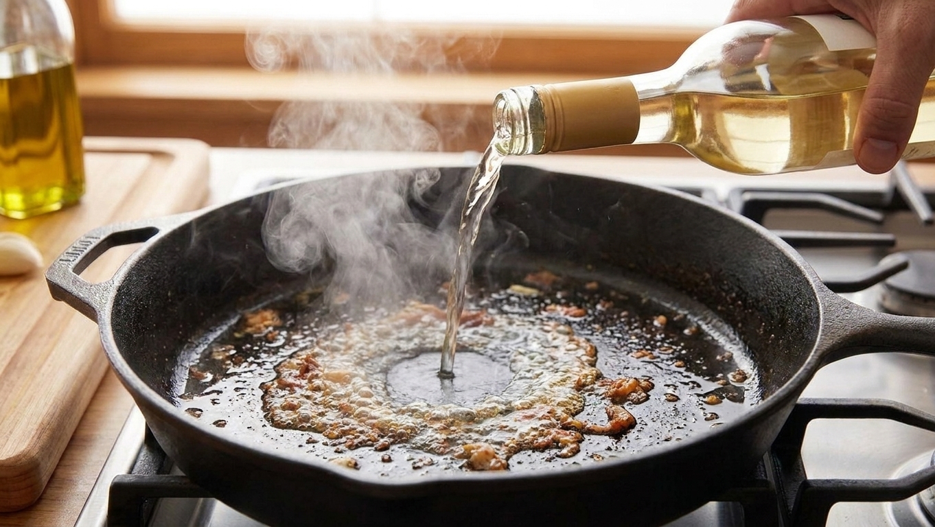 White wine being poured into a skillet to deglaze, with browned bits lifting from the pan