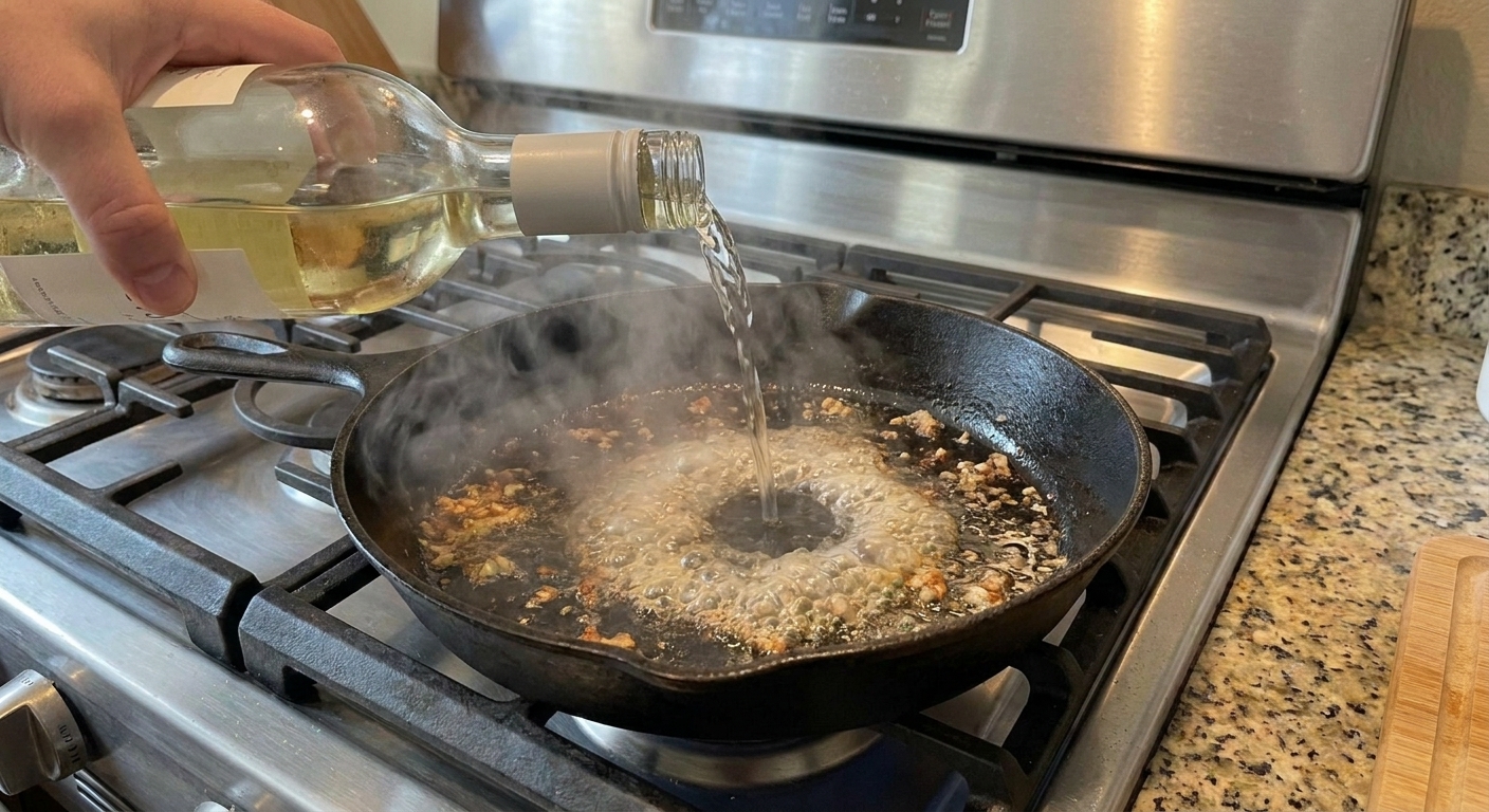 White wine being poured into a skillet to deglaze, with steam rising from the pan on a home stove