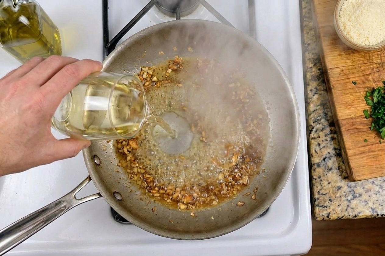 White wine being poured into a skillet with garlic and browned bits, steam rising as the pan deglazes