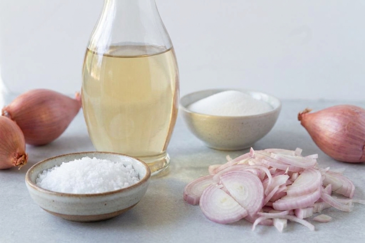 White wine vinegar, kosher salt, and a small bowl of sugar arranged on a kitchen counter with sliced shallots nearby