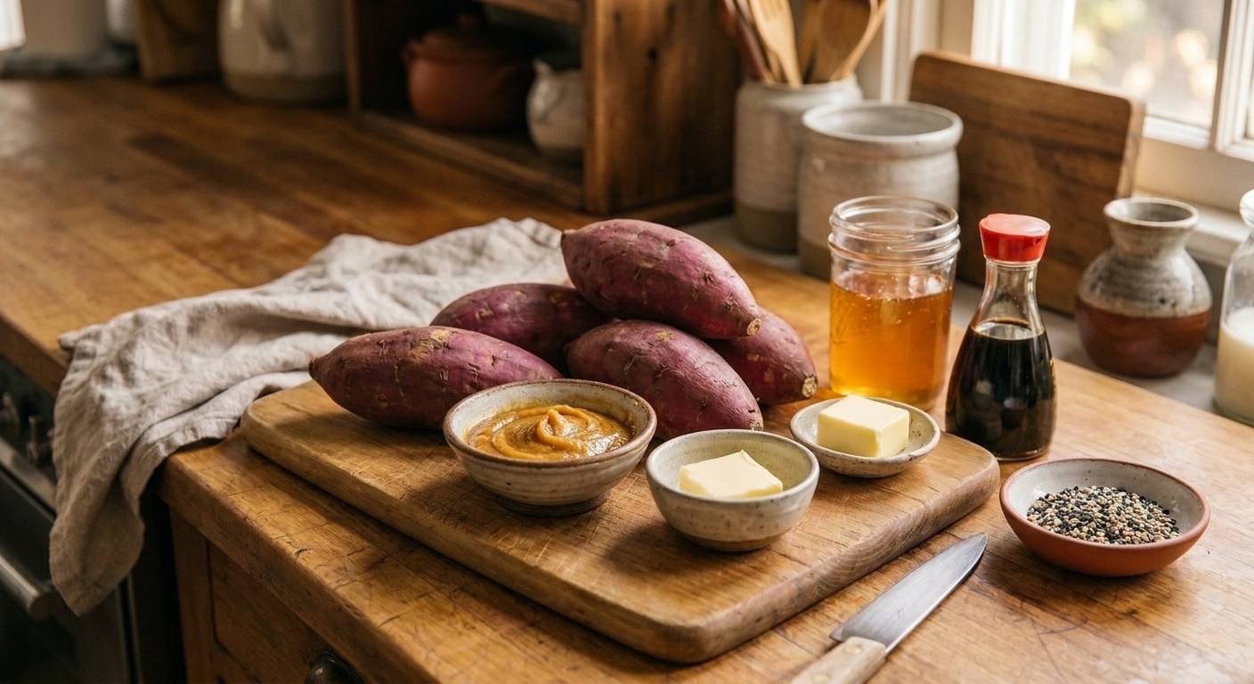 Whole Japanese sweet potatoes, butter, miso paste, soy sauce, honey, and sesame seeds arranged on a light kitchen counter