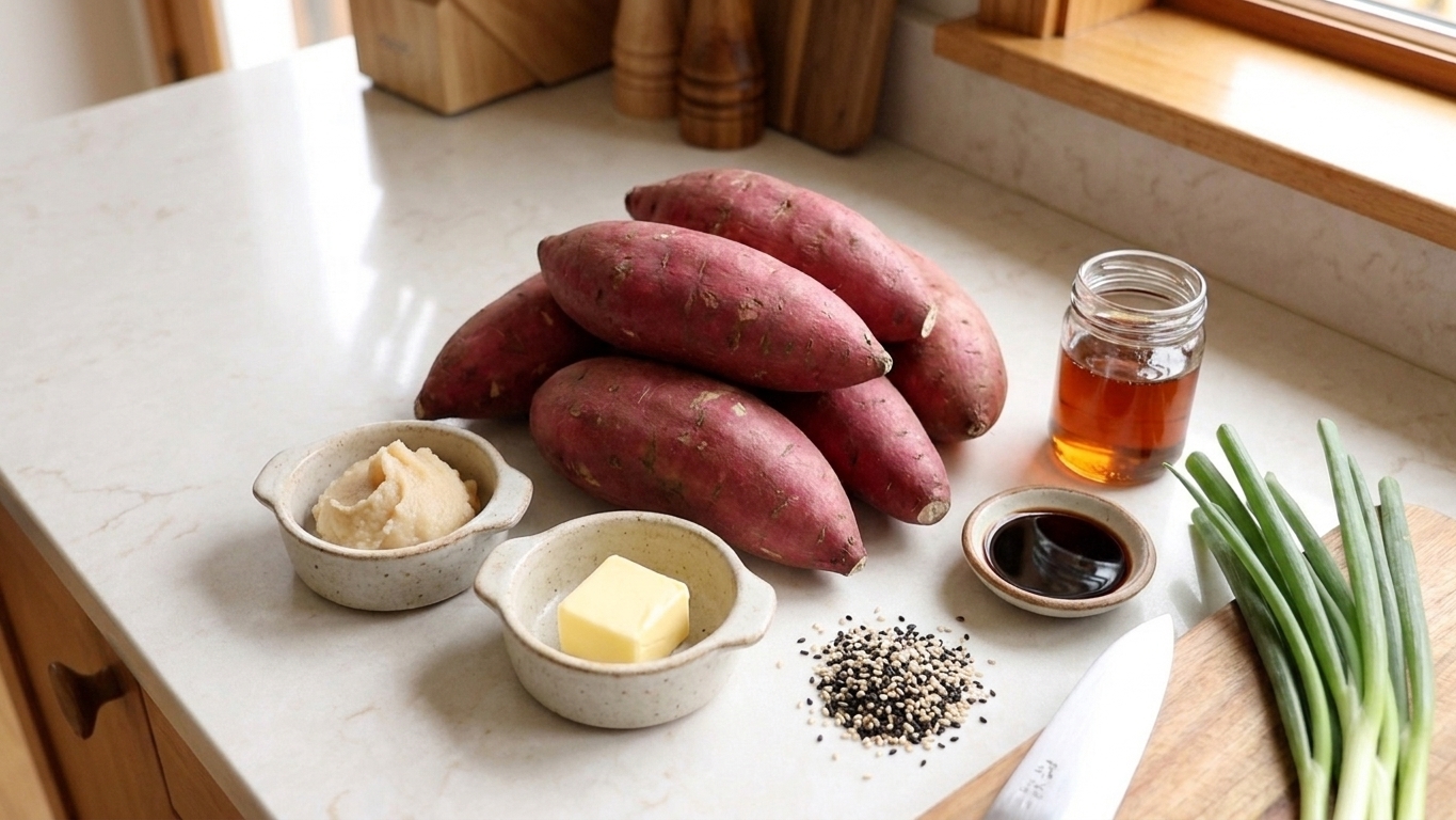Whole Japanese sweet potatoes, white miso paste, maple syrup, butter, soy sauce, sesame seeds, and scallions arranged on a light kitchen counter in a bright home kitchen