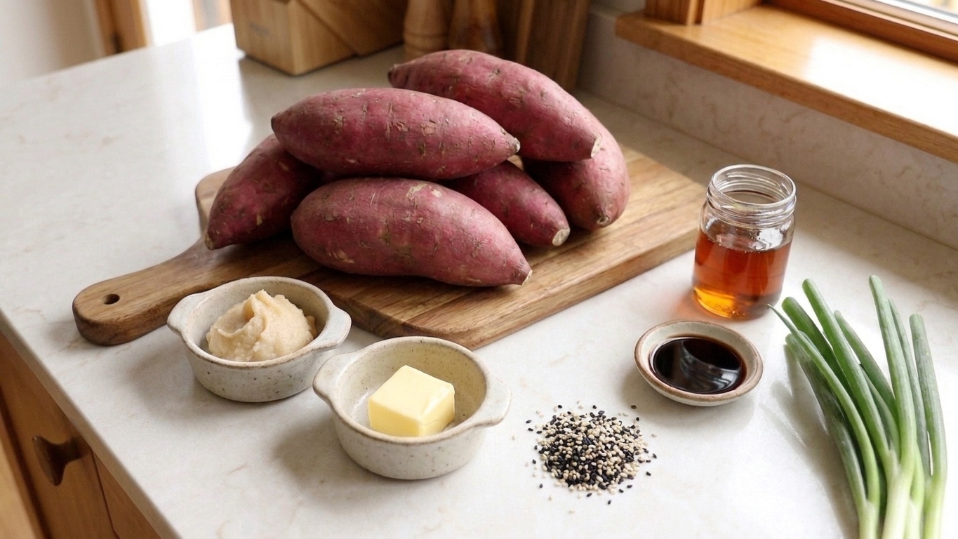 Whole Japanese sweet potatoes, white miso paste, maple syrup, butter, soy sauce, sesame seeds, and scallions arranged on a light kitchen counter in a bright home kitchen