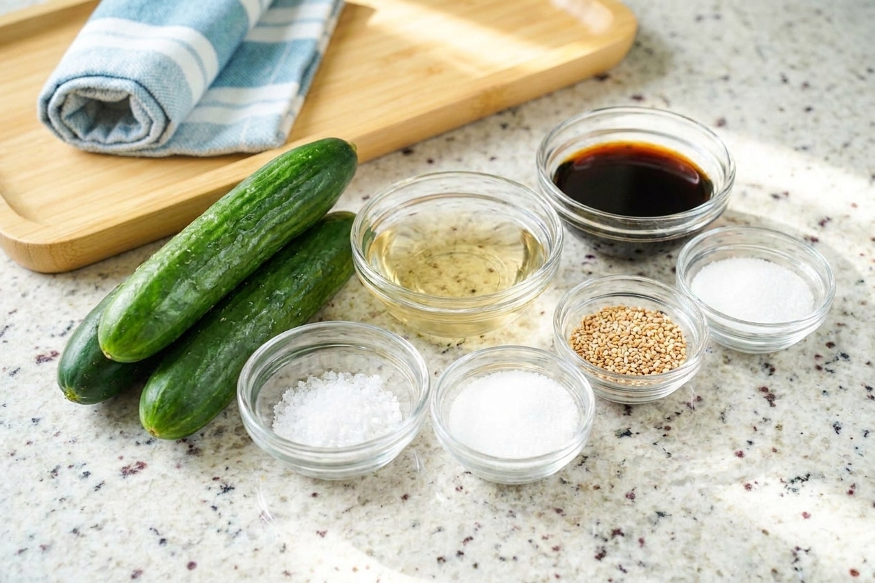 Whole Persian cucumbers, a small bowl of rice vinegar, soy sauce, sugar, sesame seeds, and salt arranged on a clean kitchen counter
