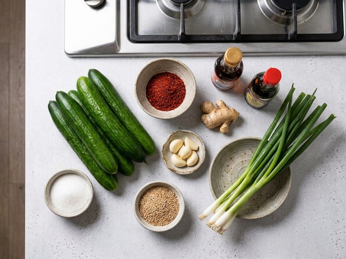 Whole Persian cucumbers, gochugaru, garlic, ginger, scallions, fish sauce, soy sauce, sugar, and sesame seeds arranged on a light kitchen counter