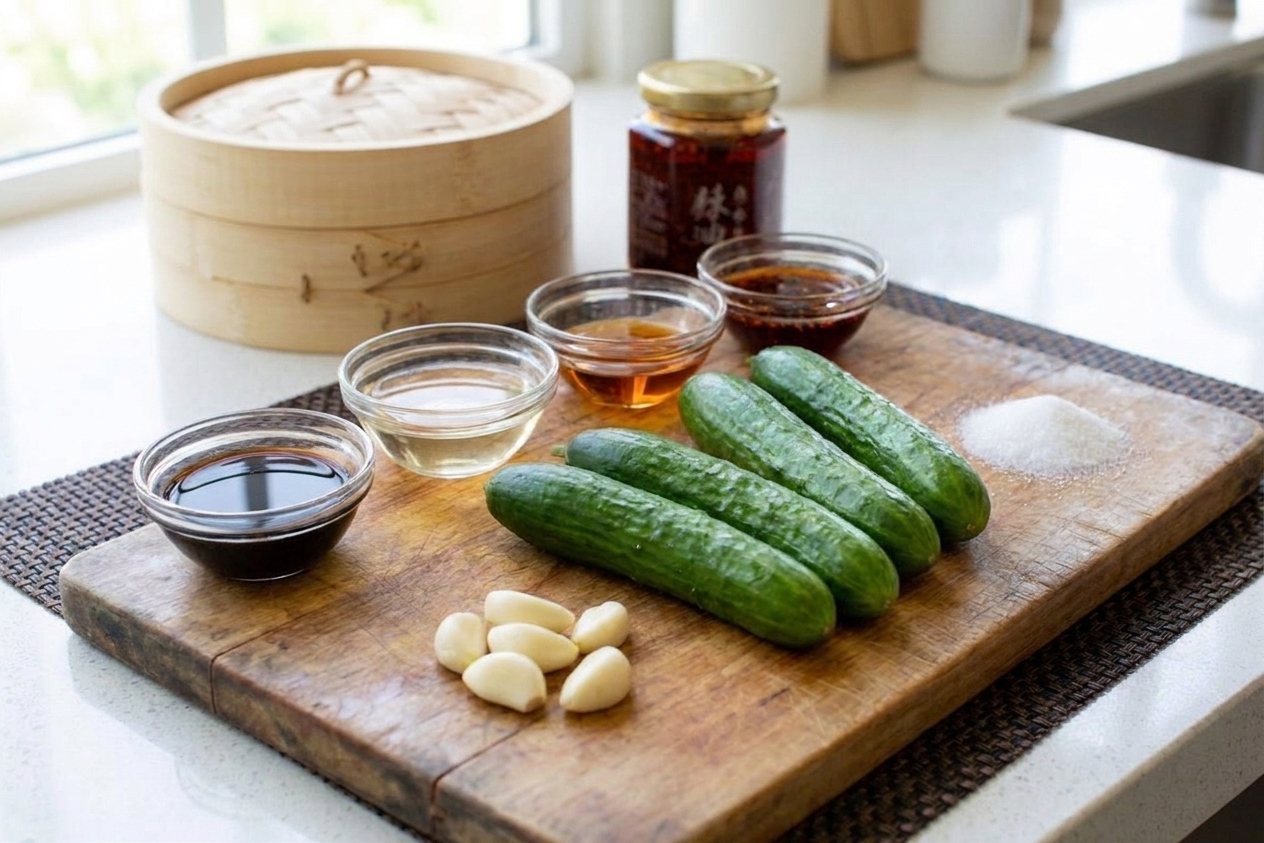 Whole Persian cucumbers, peeled garlic cloves, soy sauce, rice vinegar, sugar, sesame oil, and chili oil arranged on a neutral cutting board on a bright kitchen counter