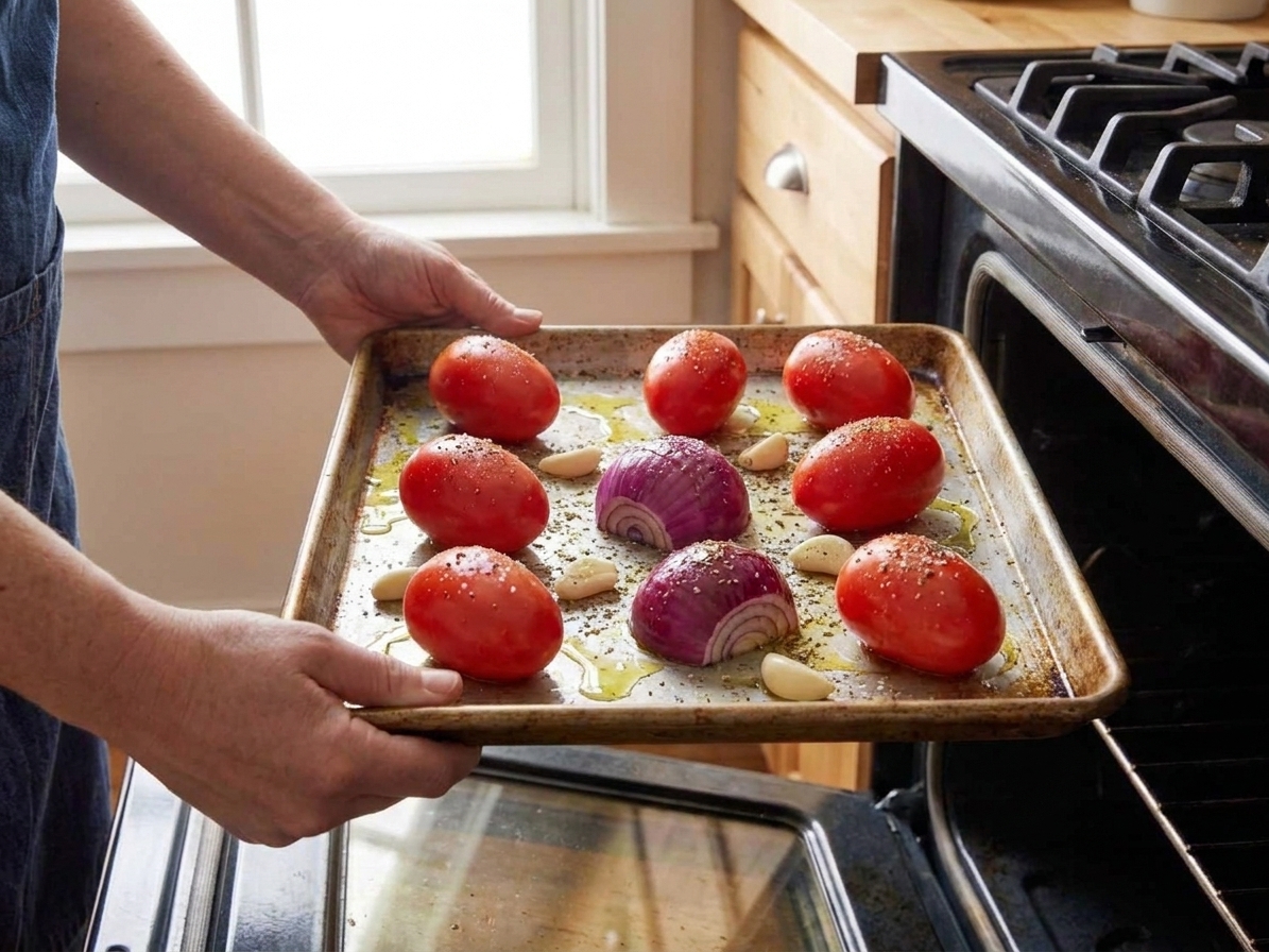 Whole Roma tomatoes, a halved onion, and garlic cloves on a sheet pan on a kitchen counter ready for roasting