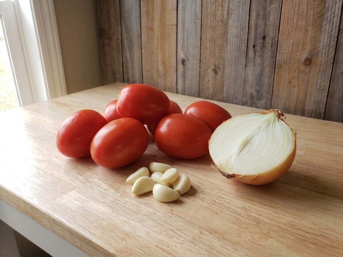 Whole Roma tomatoes beside peeled garlic cloves and a halved yellow onion on a clean kitchen counter in natural window light