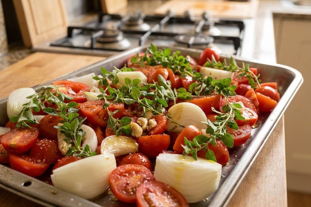 Whole Roma tomatoes, garlic cloves, and onion wedges arranged on a baking sheet with olive oil and salt before roasting