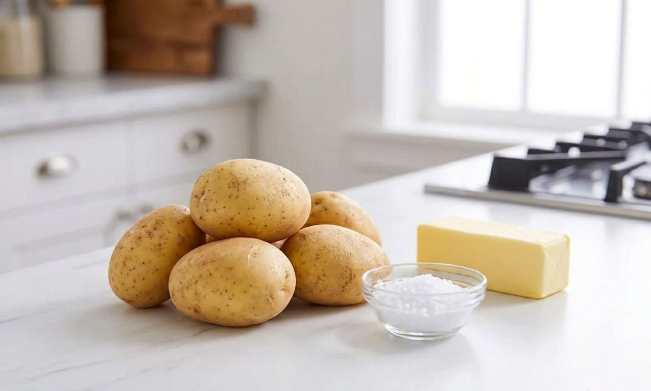 Whole Yukon Gold potatoes, a block of butter, and a small bowl of salt arranged on a clean kitchen counter