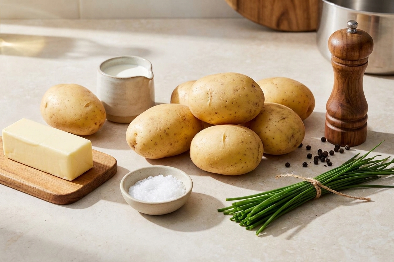 Whole Yukon Gold potatoes, a stick of butter, a small pitcher of cream, kosher salt, black pepper, and fresh chives arranged on a bright kitchen counter