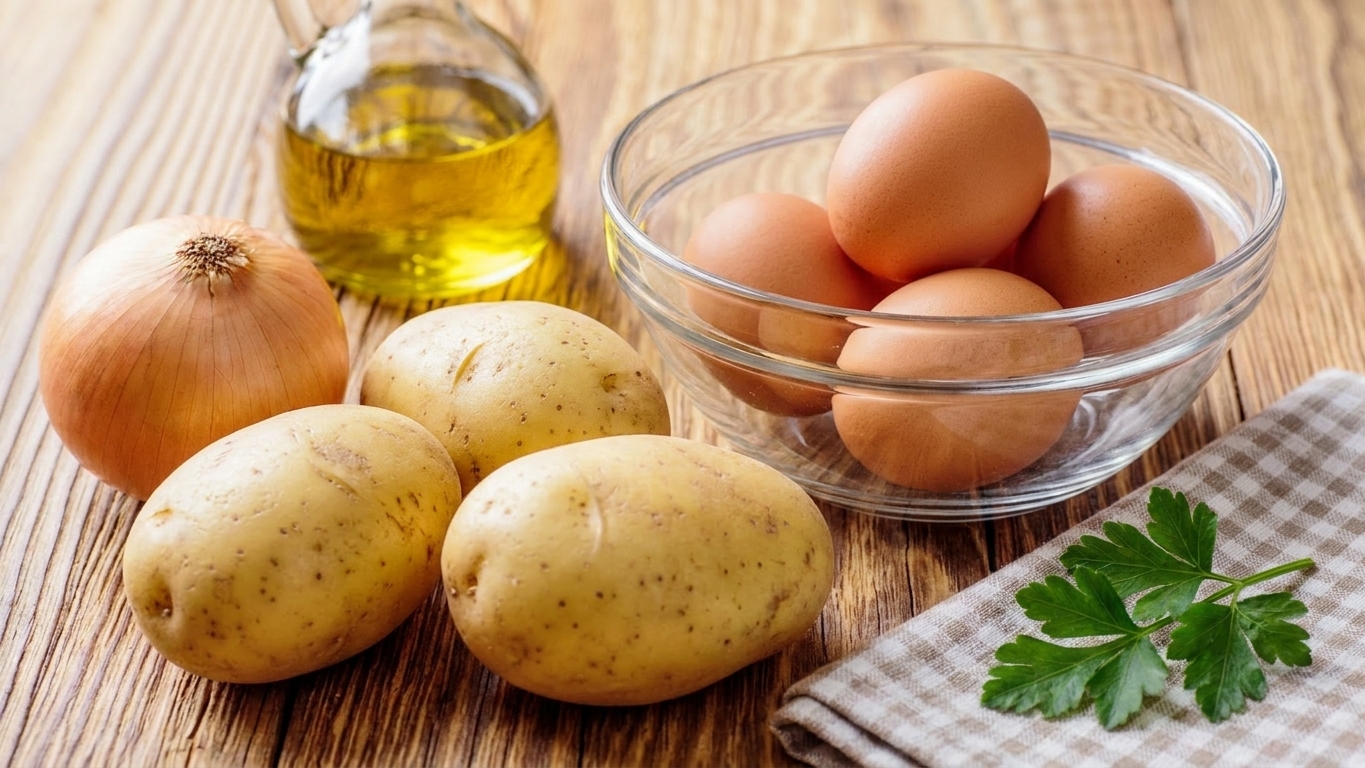 Whole Yukon Gold potatoes, a yellow onion, a bowl of eggs, and a bottle of olive oil arranged on a clean kitchen counter in natural light