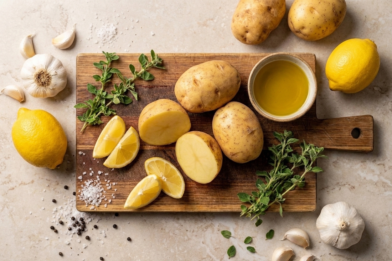 Whole Yukon Gold potatoes, fresh lemons, garlic cloves, oregano, and olive oil arranged on a light stone kitchen counter with a wooden cutting board