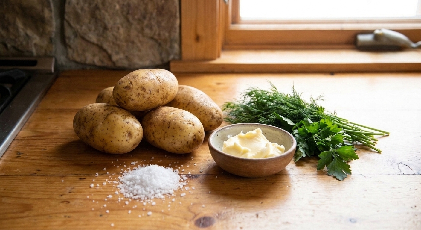 Whole Yukon Gold potatoes, kosher salt, a small bowl of butter, and fresh herbs arranged on a clean kitchen counter in consistent soft lighting