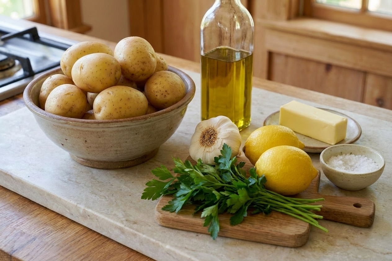 Whole Yukon Gold potatoes, olive oil, garlic, lemon, parsley, butter, and flaky salt arranged on a light stone kitchen counter