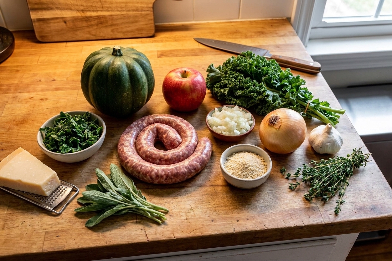 Whole acorn squash, Italian sausage, apple, kale, onion, garlic, breadcrumbs, Parmesan, and herbs arranged on a light kitchen counter with soft natural light