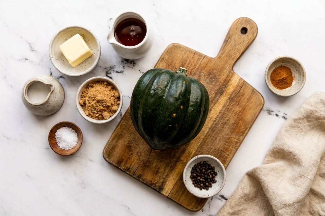Whole acorn squash, butter, maple syrup, brown sugar, salt, pepper, and cinnamon arranged on a light kitchen counter with a cutting board