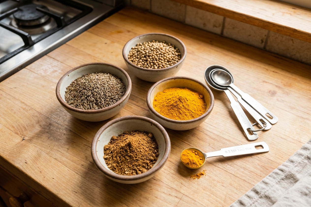 Whole and ground Indian spices like cumin, coriander, turmeric, and garam masala arranged in small bowls on a light kitchen counter with measuring spoons