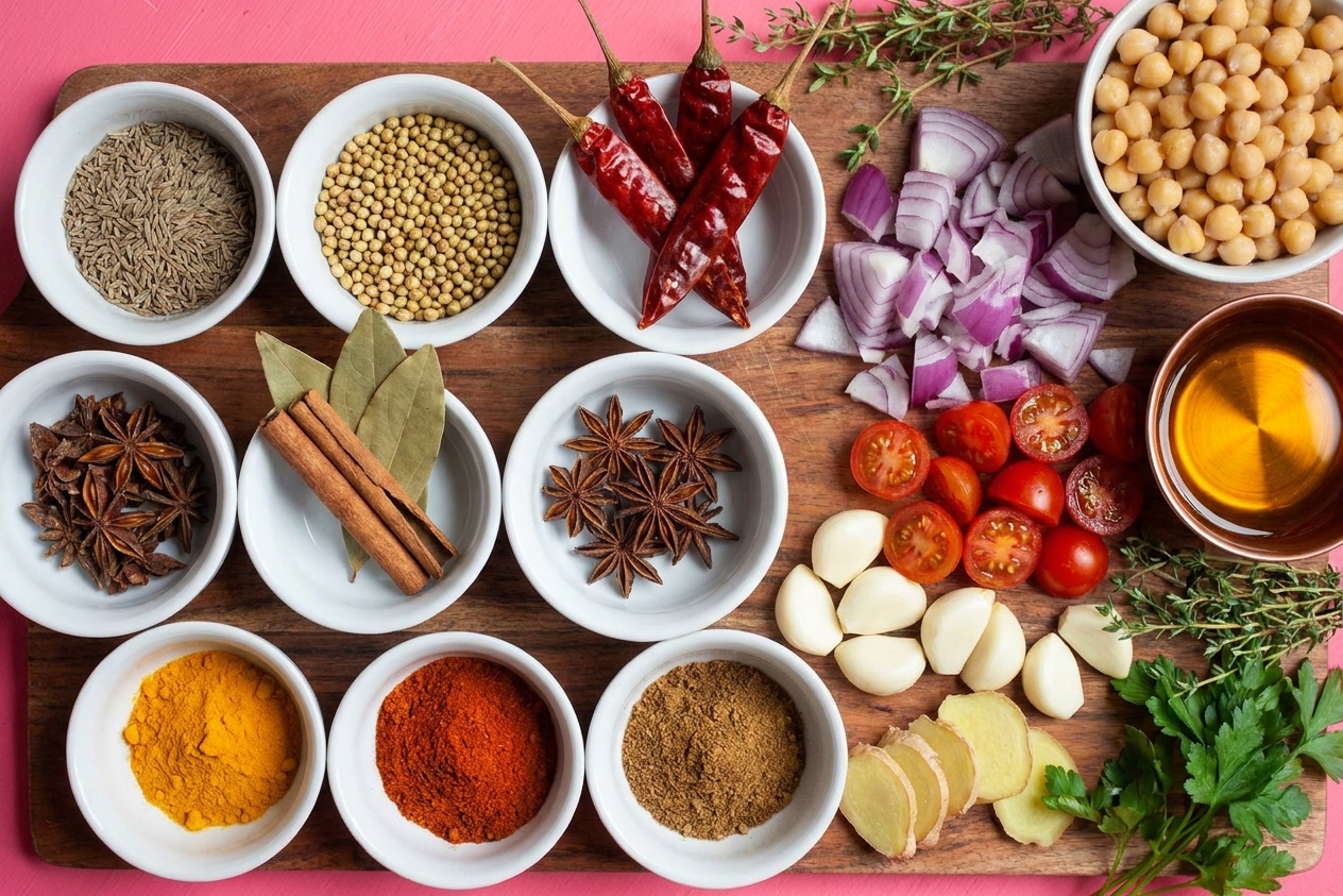 Whole and ground spices for chole masala arranged in small bowls on a kitchen counter with chickpeas, onions, tomatoes, garlic, and ginger nearby