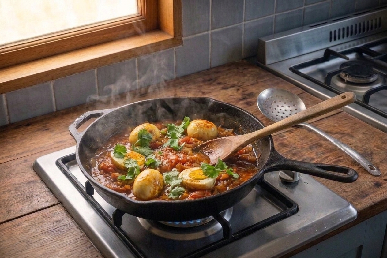 Whole and halved boiled eggs simmering in a red-orange curry sauce in a skillet on the stovetop, cilantro nearby