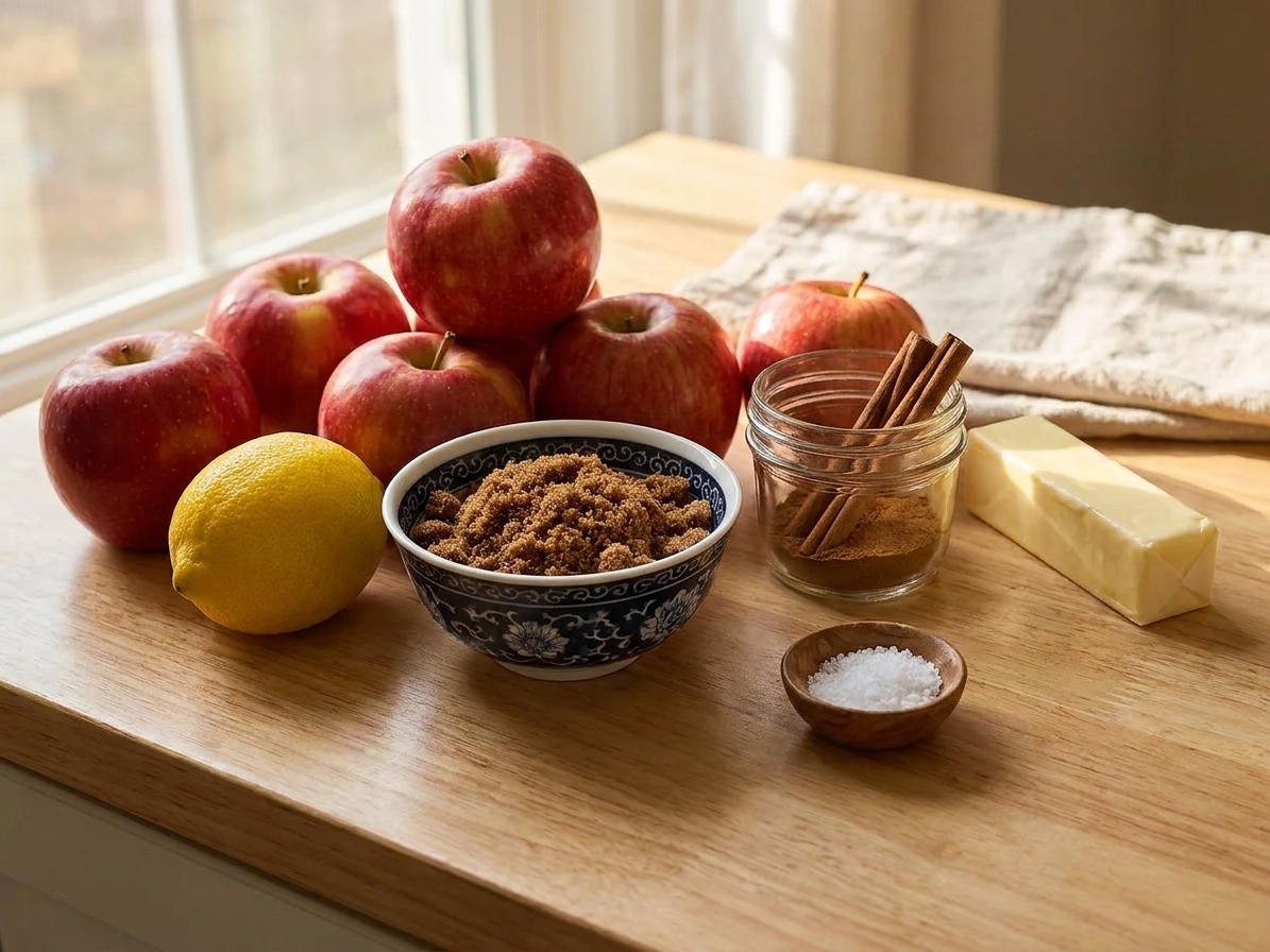 Whole apples, a lemon, a small bowl of brown sugar, cinnamon, butter, and a pinch of salt arranged on a clean kitchen counter in natural light