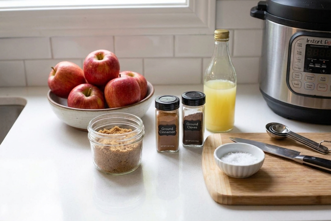 Whole apples, brown sugar, ground cinnamon, ground cloves, bottled lemon juice, and a bowl of salt laid out on a tidy kitchen counter before cooking