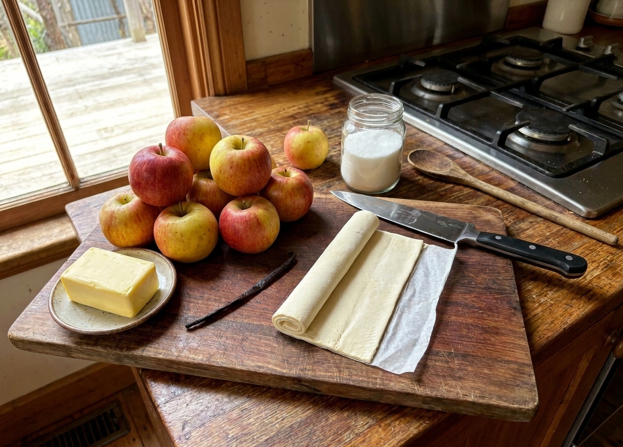 Whole apples, butter, sugar, vanilla, and a sheet of puff pastry arranged on a clean kitchen counter with a wooden cutting board