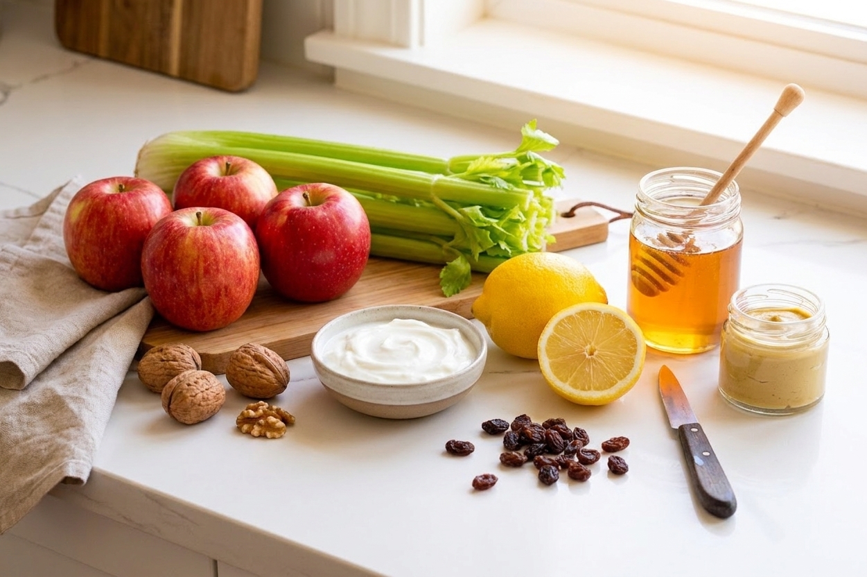 Whole apples, celery, walnuts, Greek yogurt, lemon, honey, Dijon mustard, and raisins arranged on a clean kitchen counter in bright natural light