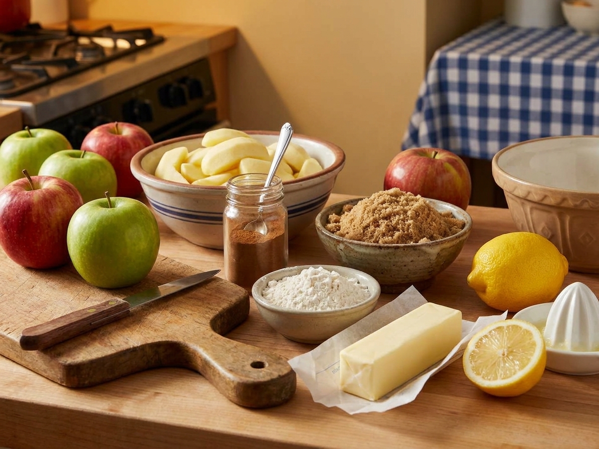Whole apples, cinnamon, brown sugar, flour, butter, and lemon on a warm-toned kitchen counter ready for making apple crisp