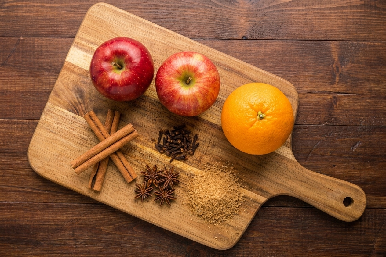 Whole apples, cinnamon sticks, whole cloves, star anise, brown sugar, and an orange arranged on a kitchen counter with a cutting board