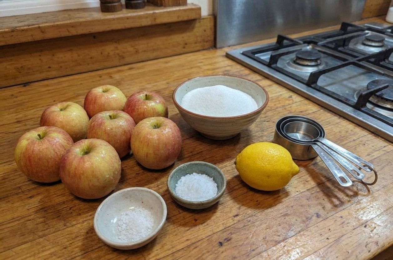 Whole apples, granulated sugar, a lemon, and a small bowl of salt arranged on a clean kitchen counter with measuring cups