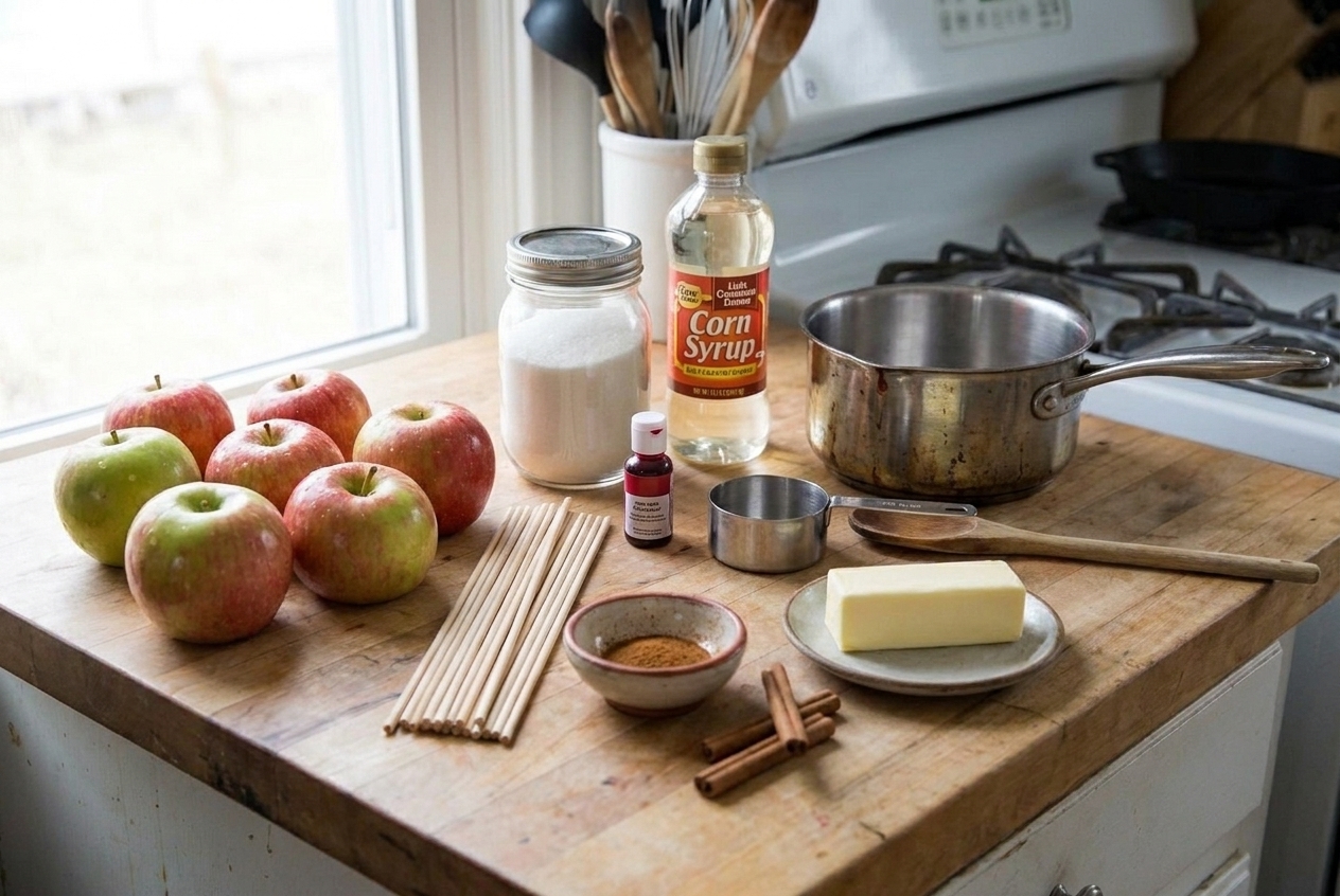 Whole apples, granulated sugar, light corn syrup, red food coloring, cinnamon, butter, and wooden sticks laid out on a clean kitchen counter
