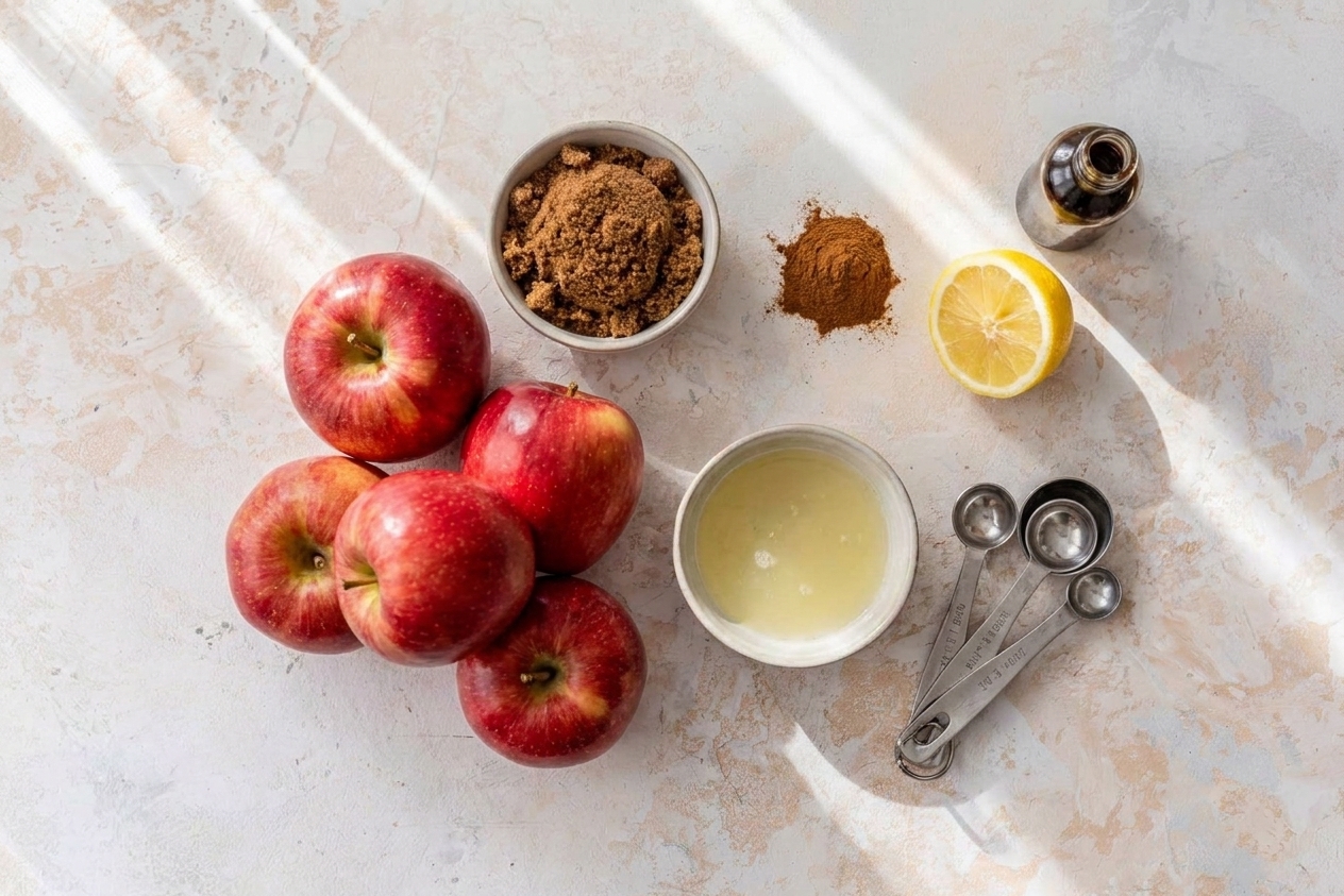 Whole apples, ground cinnamon, brown sugar, vanilla, and lemon juice arranged on a clean kitchen counter next to measuring spoons