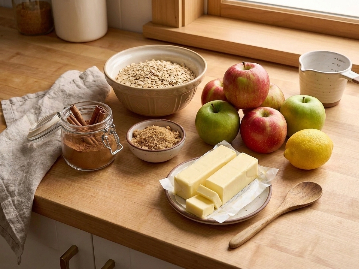 Whole apples, rolled oats, cinnamon, brown sugar, butter, and a lemon arranged on a tidy kitchen counter with warm natural light