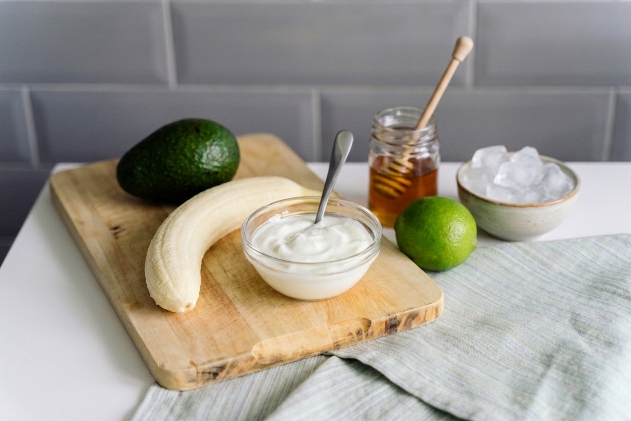 Whole avocado, peeled banana, plain Greek yogurt, lime, honey, and a small bowl of ice arranged on a clean kitchen counter