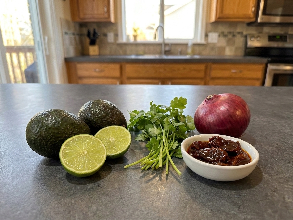 Whole avocados, a cut lime, cilantro, red onion, and a small bowl of chipotle peppers on a clean kitchen counter in consistent warm lighting