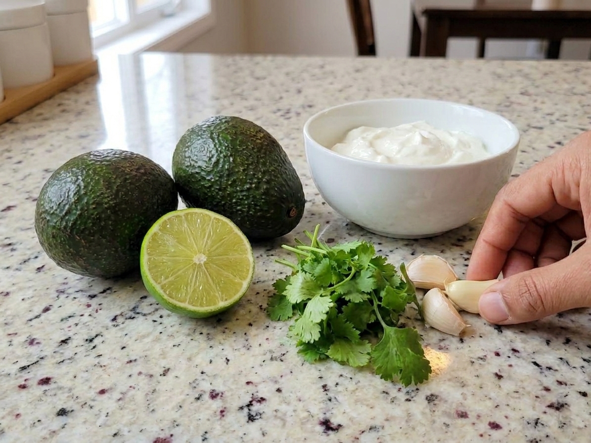 Whole avocados, a halved lime, a small bunch of cilantro, garlic cloves, and a bowl of Greek yogurt arranged on a bright kitchen counter
