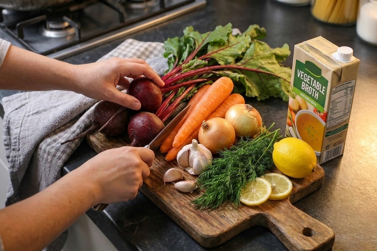 Whole beets, carrots, onions, garlic, dill, lemon, and a carton of broth arranged on a bright kitchen counter with a cutting board